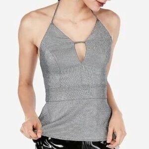 Express Iridescent Metallic Silver Peplum Plunge Halter Top Women's Size 4